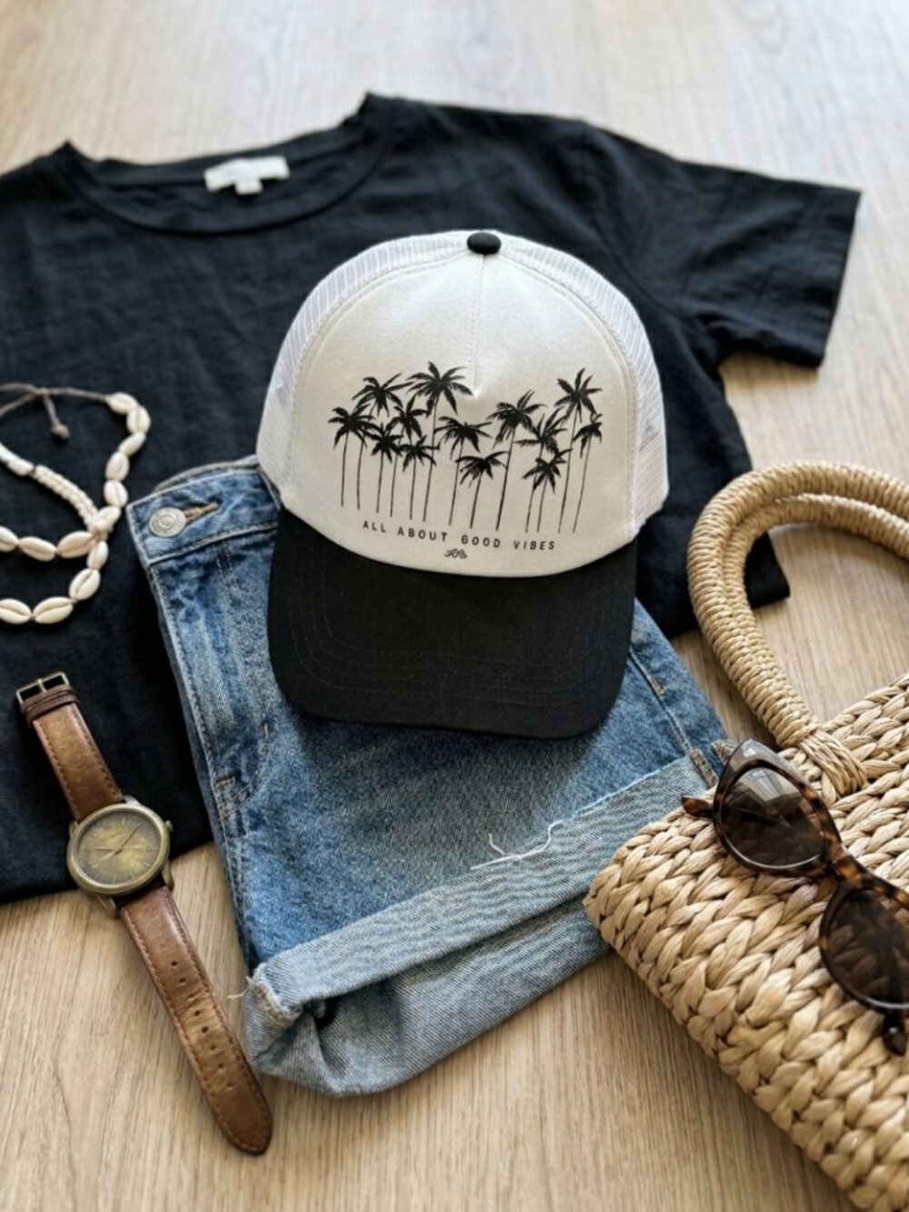 Good Vibes Only Trucker Hat Palm Tree Hawaii Snapback Beach Cap